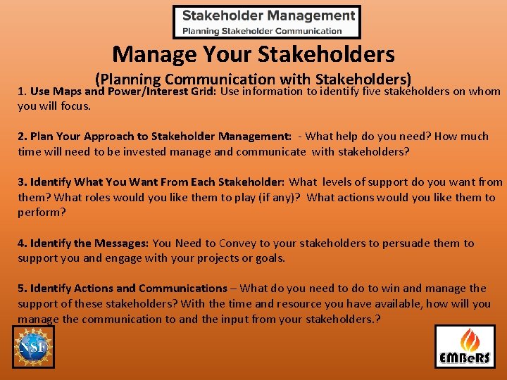 Manage Your Stakeholders (Planning Communication with Stakeholders) 1. Use Maps and Power/Interest Grid: Use