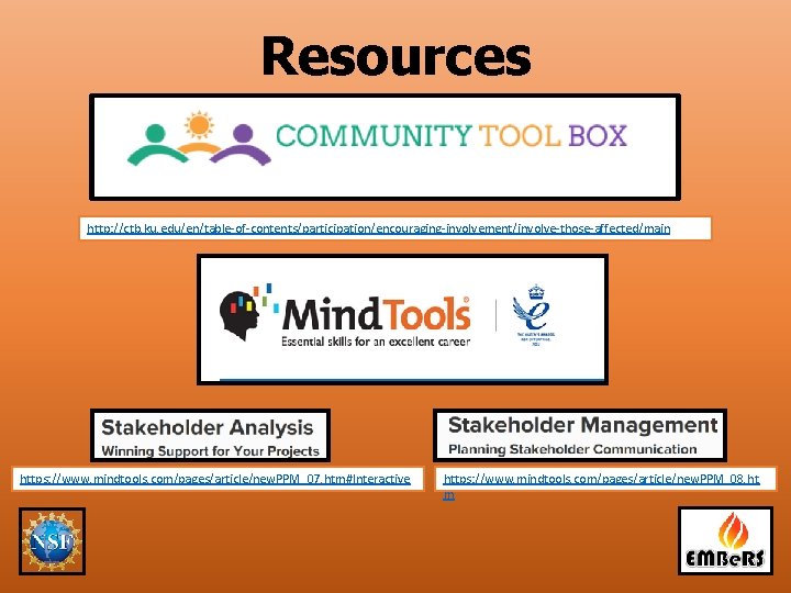 Resources http: //ctb. ku. edu/en/table‐of‐contents/participation/encouraging‐involvement/involve‐those‐affected/main https: //www. mindtools. com/pages/article/new. PPM_07. htm#Interactive https: //www. mindtools.