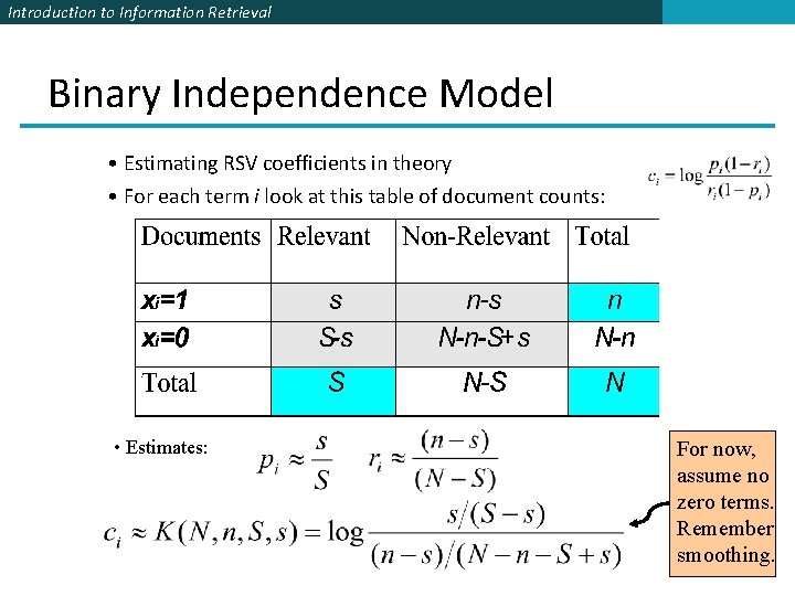 Introduction to Information Retrieval Binary Independence Model • Estimating RSV coefficients in theory •