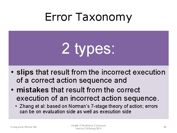 Error Taxonomy 2 types: • slips that result from the incorrect execution of a