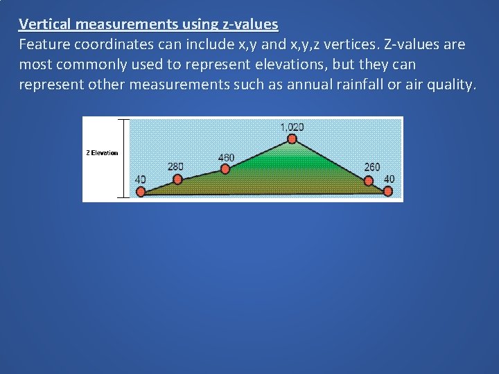 Vertical measurements using z-values Feature coordinates can include x, y and x, y, z Vertical measurements using z-values Feature coordinates can include x, y and x, y, z