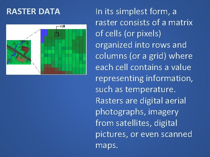 RASTER DATA In its simplest form, a raster consists of a matrix of cells RASTER DATA In its simplest form, a raster consists of a matrix of cells