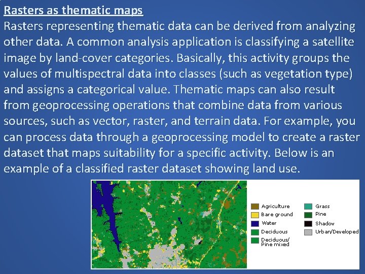 Rasters as thematic maps Rasters representing thematic data can be derived from analyzing other Rasters as thematic maps Rasters representing thematic data can be derived from analyzing other