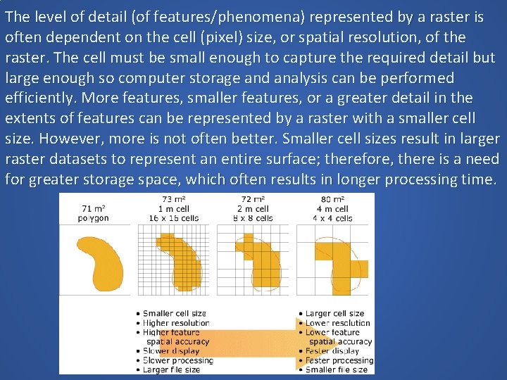 The level of detail (of features/phenomena) represented by a raster is often dependent on The level of detail (of features/phenomena) represented by a raster is often dependent on