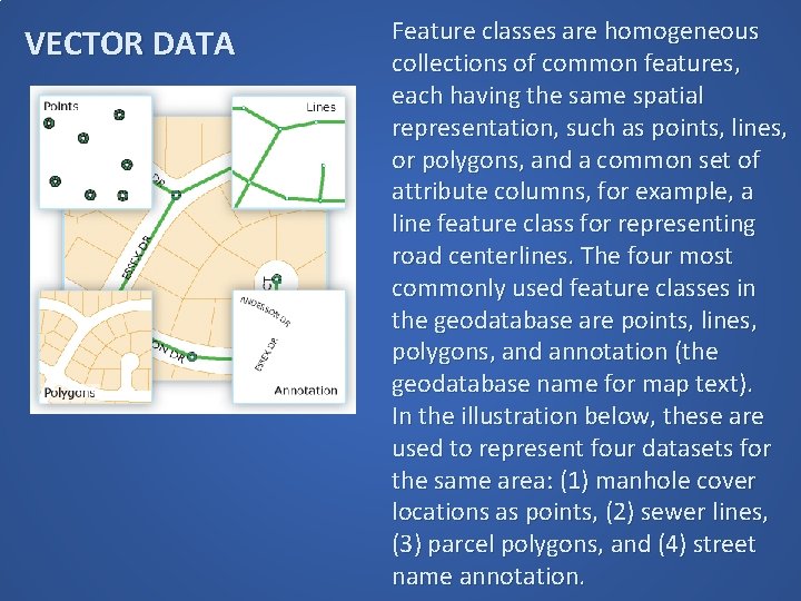 VECTOR DATA Feature classes are homogeneous collections of common features, each having the same VECTOR DATA Feature classes are homogeneous collections of common features, each having the same