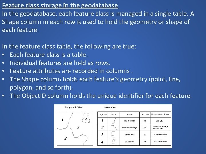 Feature class storage in the geodatabase In the geodatabase, each feature class is managed Feature class storage in the geodatabase In the geodatabase, each feature class is managed