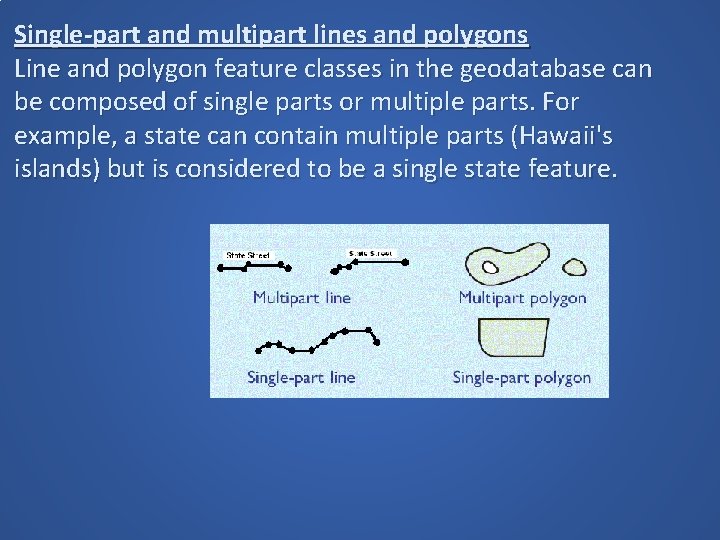 Single-part and multipart lines and polygons Line and polygon feature classes in the geodatabase Single-part and multipart lines and polygons Line and polygon feature classes in the geodatabase