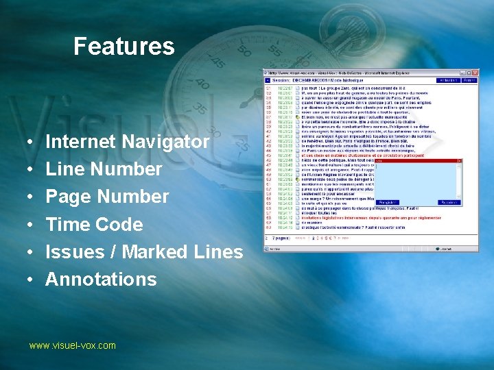 Features • • • Internet Navigator Line Number Page Number Time Code Issues /