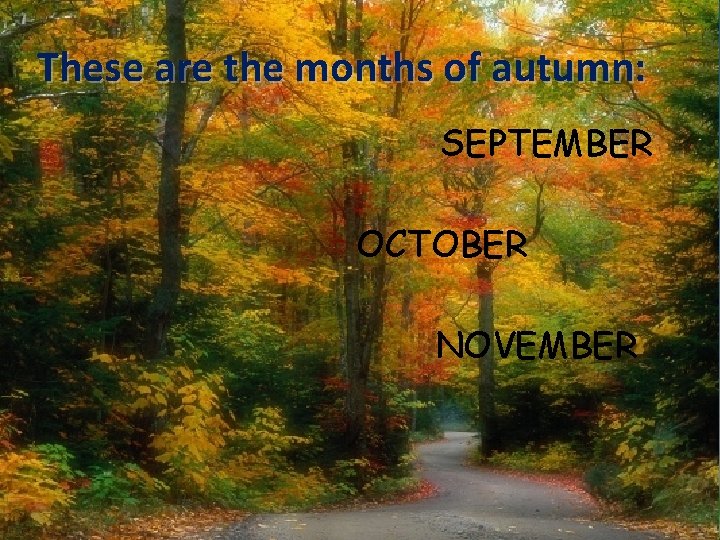 These are the months of autumn: SEPTEMBER OCTOBER NOVEMBER 