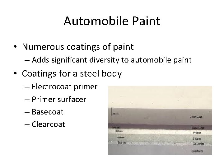 Automobile Paint • Numerous coatings of paint – Adds significant diversity to automobile paint