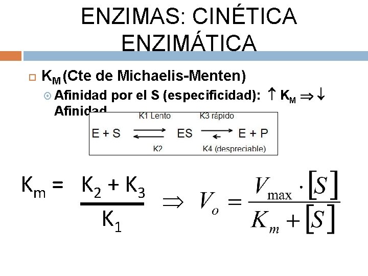 ENZIMAS: CINÉTICA ENZIMÁTICA KM (Cte de Michaelis-Menten) Afinidad por el S (especificidad): KM Km
