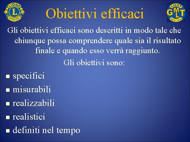 Obiettivi efficaci Gli obiettivi efficaci sono descritti in modo tale chiunque possa comprendere quale