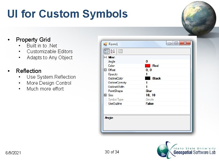 UI for Custom Symbols • Property Grid • • Built in to. Net Customizable