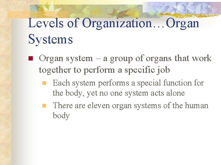 Levels of Organization…Organ Systems n Organ system – a group of organs that work