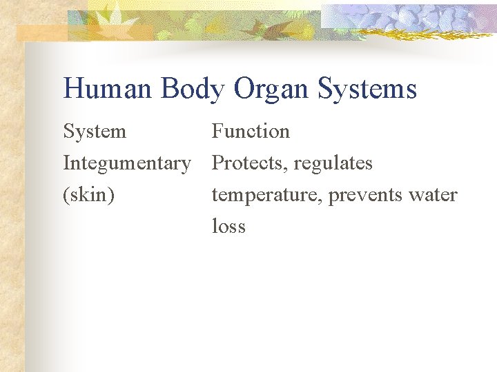 Human Body Organ Systems System Function Integumentary Protects, regulates (skin) temperature, prevents water loss