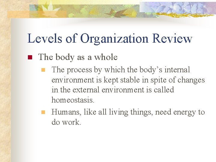 Levels of Organization Review n The body as a whole n n The process