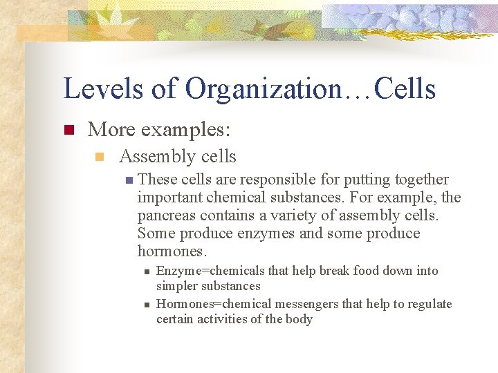 Levels of Organization…Cells n More examples: n Assembly cells n These cells are responsible