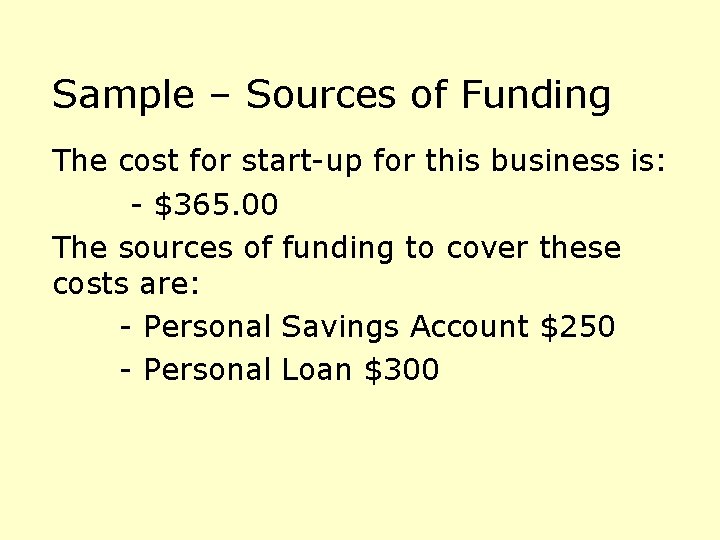 Sample – Sources of Funding The cost for start-up for this business is: -