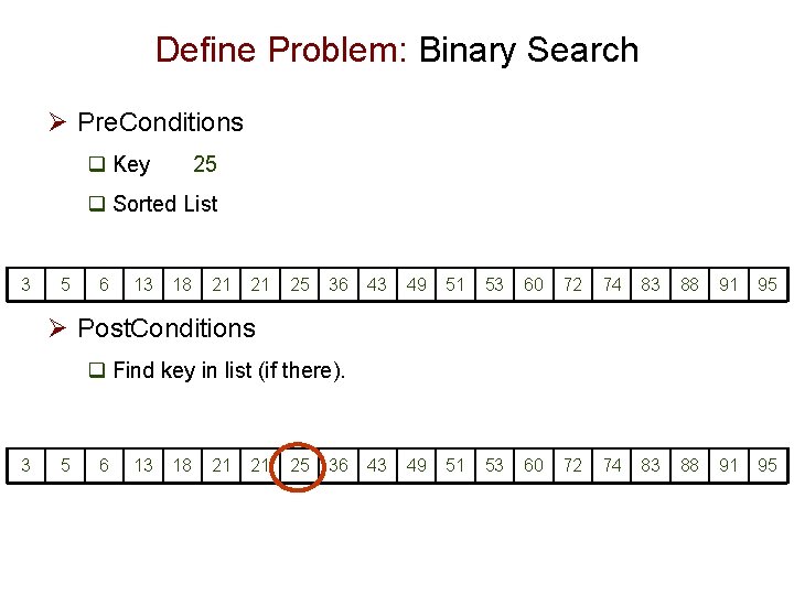 Define Problem: Binary Search Ø Pre. Conditions q Key 25 q Sorted List 3