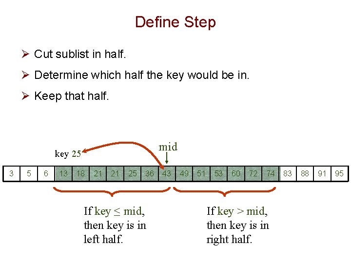 Define Step Ø Cut sublist in half. Ø Determine which half the key would