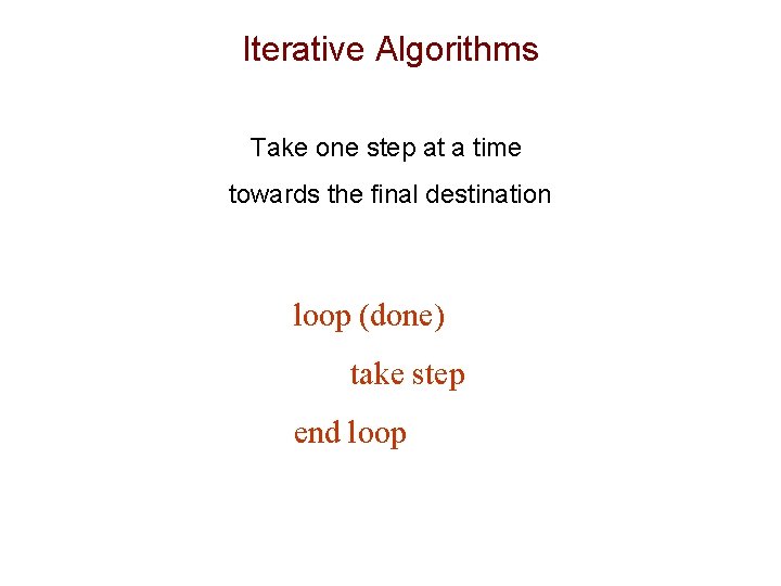 Iterative Algorithms Take one step at a time towards the final destination loop (done)