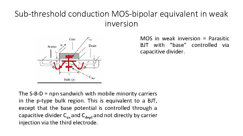 Sub-threshold conduction MOS-bipolar equivalent in weak inversion MOS in weak inversion = Parasitic BJT