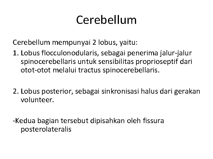 Cerebellum mempunyai 2 lobus, yaitu: 1. Lobus flocculonodularis, sebagai penerima jalur-jalur spinocerebellaris untuk sensibilitas