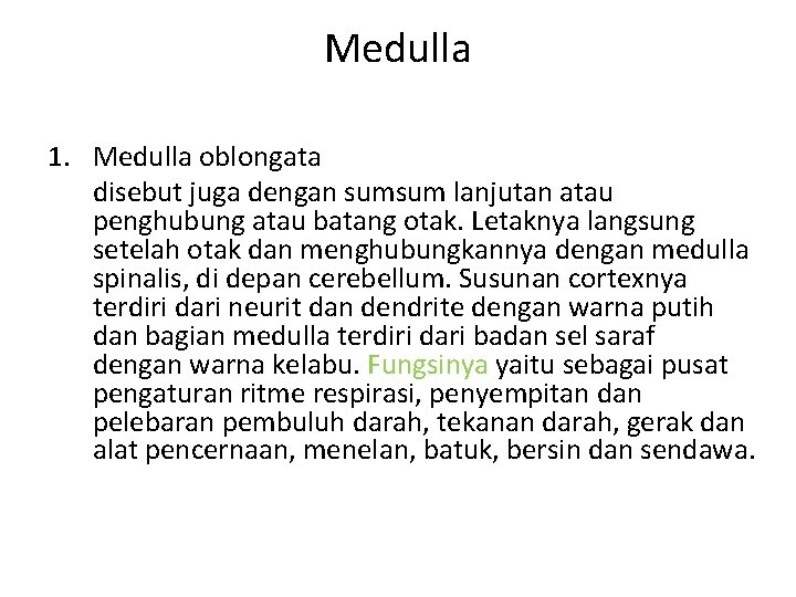 Medulla 1. Medulla oblongata disebut juga dengan sumsum lanjutan atau penghubung atau batang otak.
