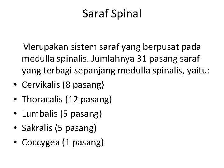 Saraf Spinal • • • Merupakan sistem saraf yang berpusat pada medulla spinalis. Jumlahnya