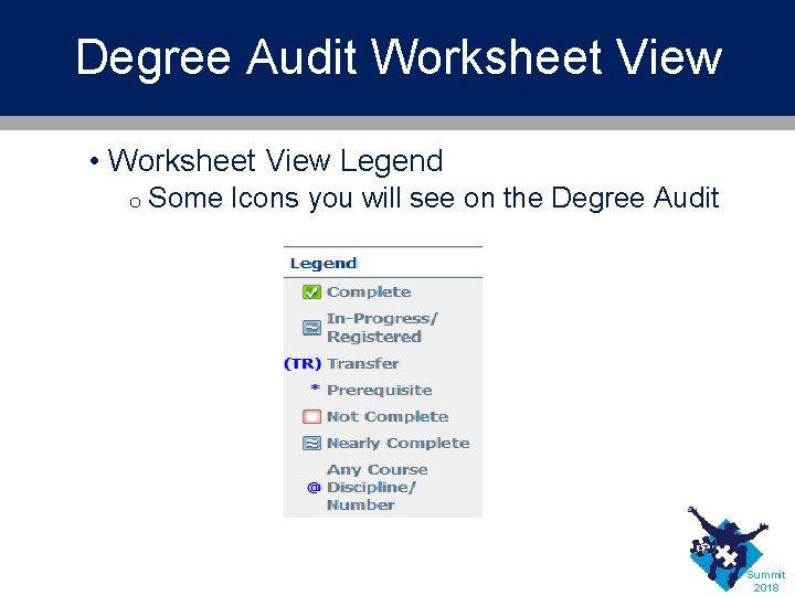 Degree Audit Worksheet View • Worksheet View Legend o Some Icons you will see
