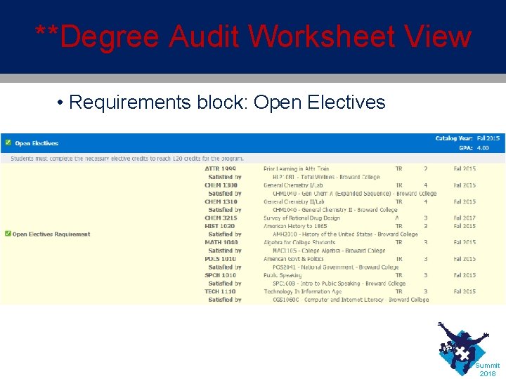 **Degree Audit Worksheet View • Requirements block: Open Electives Summit 2018 