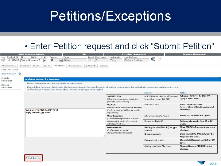 Petitions/Exceptions • Enter Petition request and click “Submit Petition” Summit 2018 