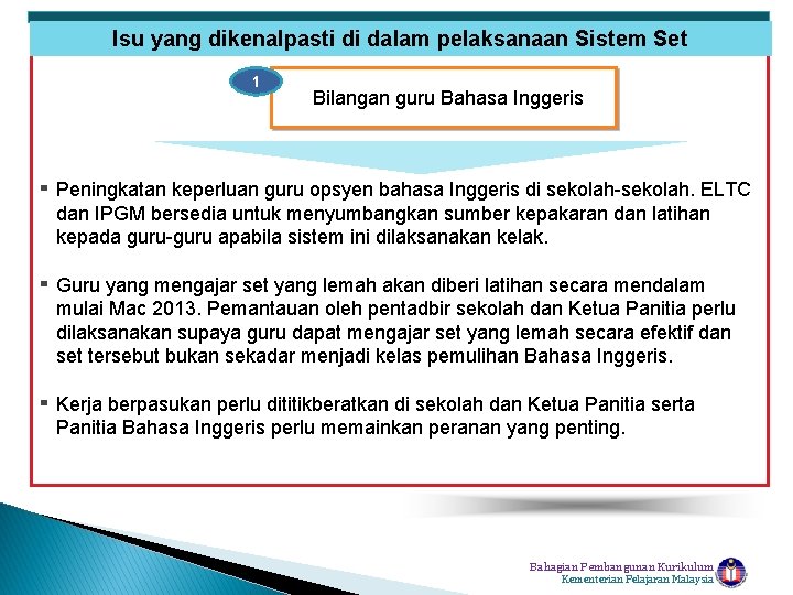 Isu yang dikenalpasti di dalam pelaksanaan Sistem Set 1 Bilangan guru Bahasa Inggeris ▪