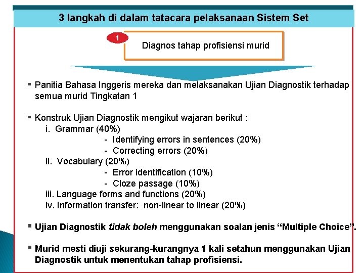 3 langkah di dalam tatacara pelaksanaan Sistem Set 1 Diagnos tahap profisiensi murid ▪