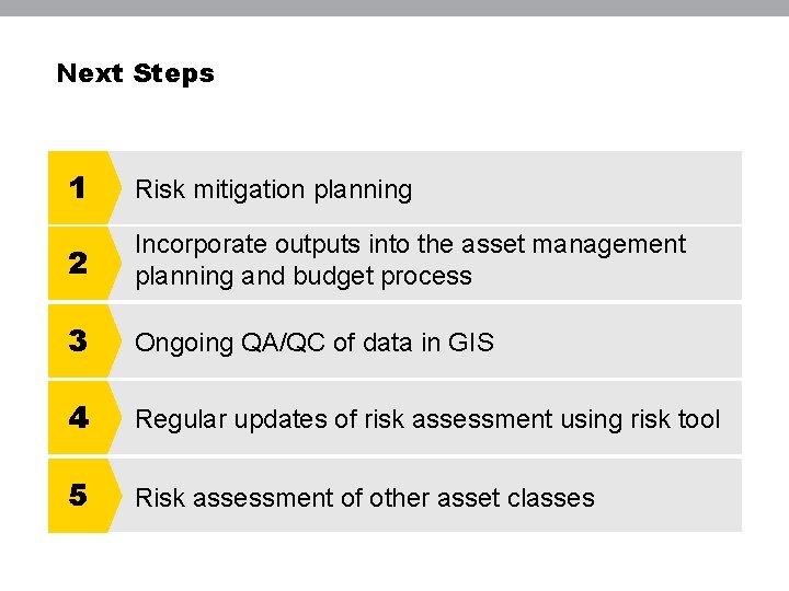 Next Steps 1 Risk mitigation planning 2 Incorporate outputs into the asset management planning