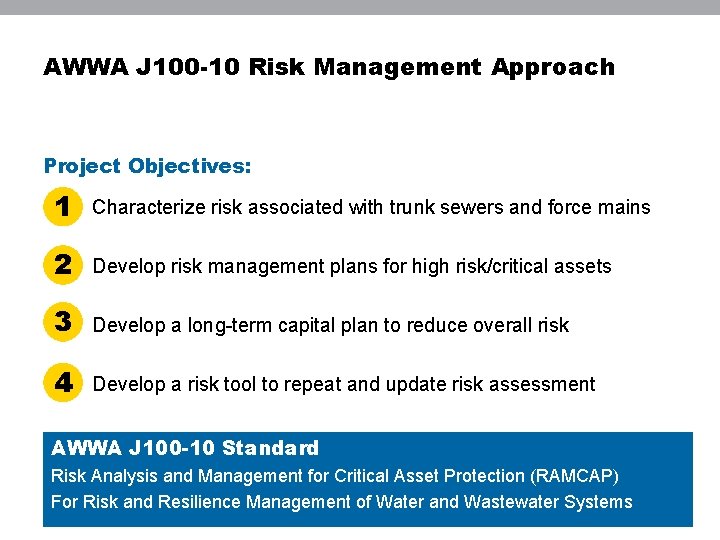 AWWA J 100 -10 Risk Management Approach Project Objectives: 1. 1 Characterize risk associated