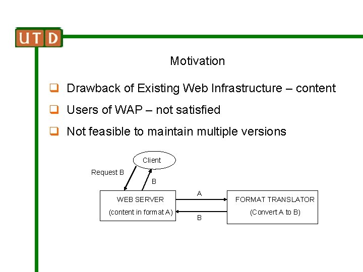 Motivation q Drawback of Existing Web Infrastructure – content q Users of WAP –