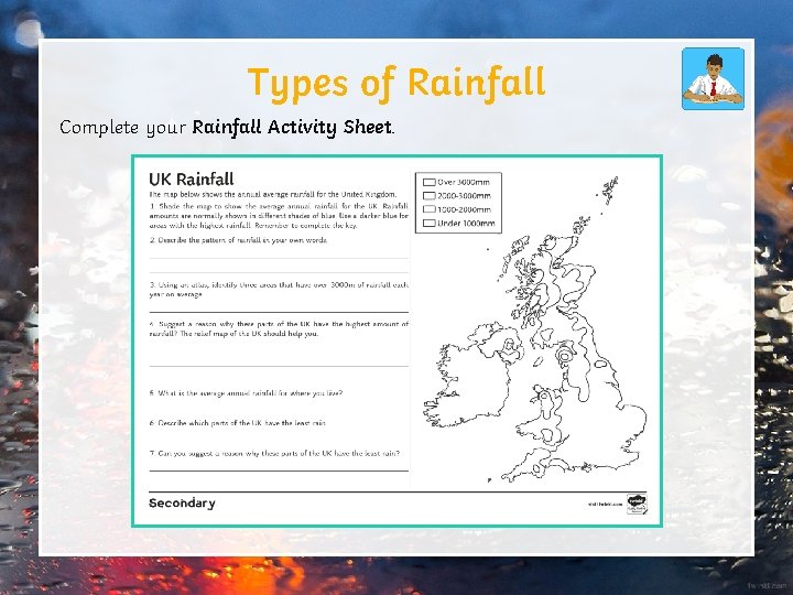 Types of Rainfall Complete your Rainfall Activity Sheet. 
