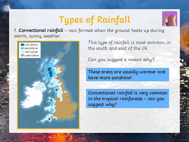 Types of Rainfall 1. Convectional rainfall – rain formed when the ground heats up