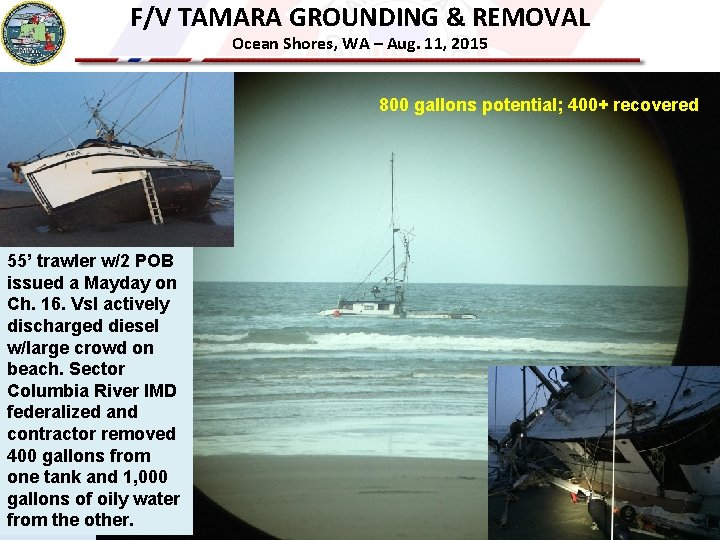 F/V TAMARA GROUNDING & REMOVAL Ocean Shores, WA – Aug. 11, 2015 800 gallons