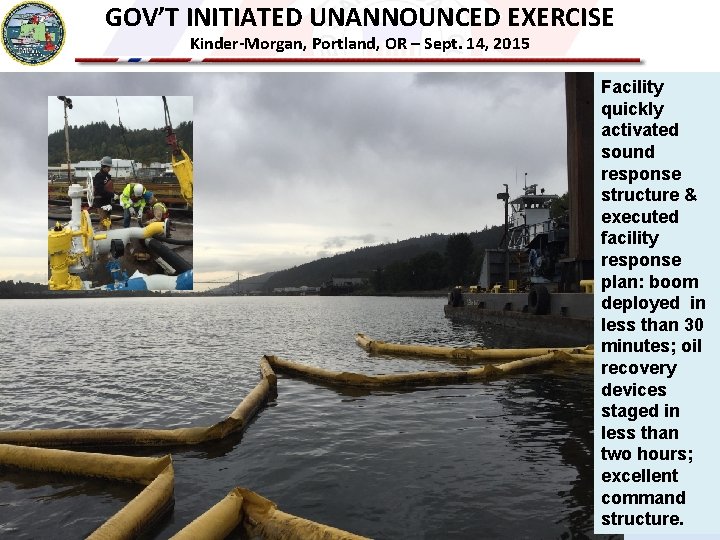 GOV’T INITIATED UNANNOUNCED EXERCISE Kinder-Morgan, Portland, OR – Sept. 14, 2015 Facility quickly activated