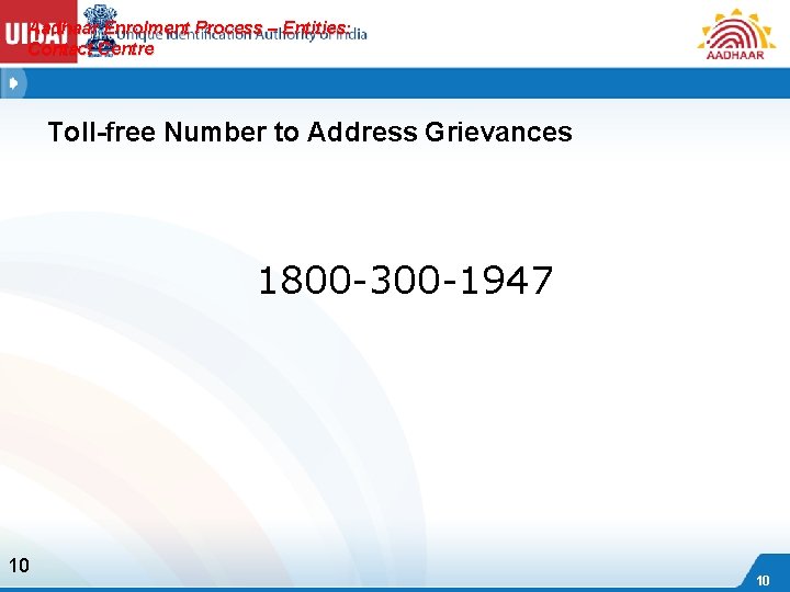 Aadhaar Enrolment Process – Entities: Contact Centre Toll-free Number to Address Grievances 1800 -300