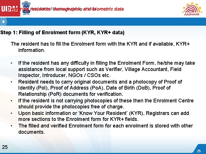 Capturing residents’ demographic and biometric data Step 1: Filling of Enrolment form (KYR, KYR+
