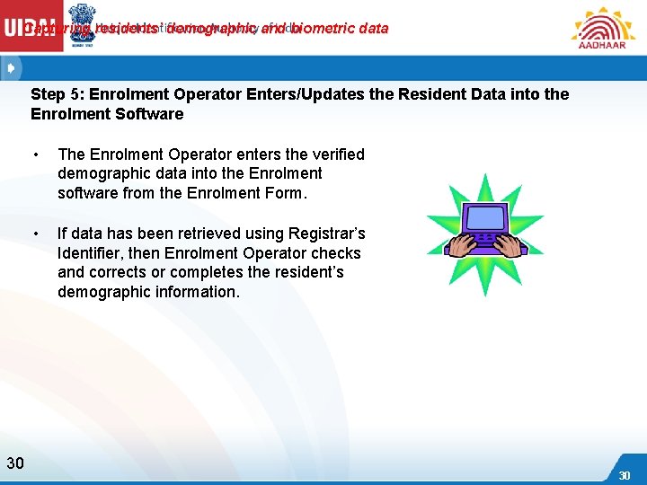 Capturing residents’ demographic and biometric data Step 5: Enrolment Operator Enters/Updates the Resident Data
