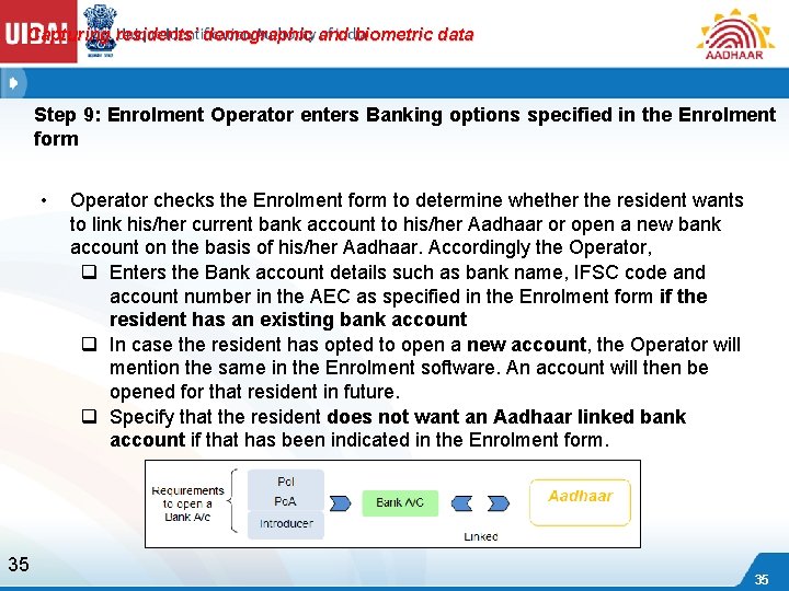 Capturing residents’ demographic and biometric data Step 9: Enrolment Operator enters Banking options specified