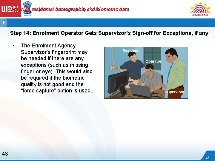 Capturing residents’ demographic and biometric data Step 14: Enrolment Operator Gets Supervisor’s Sign-off for