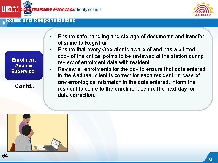 Aadhaar Enrolment Process Roles and Responsibilities • • Enrolment Agency Supervisor Contd. . 64
