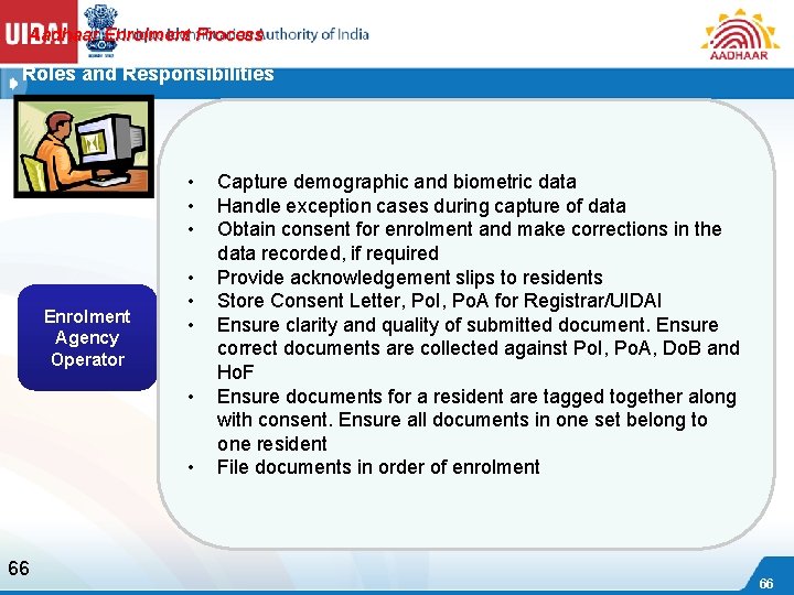 Aadhaar Enrolment Process Roles and Responsibilities • • • Enrolment Agency Operator • •