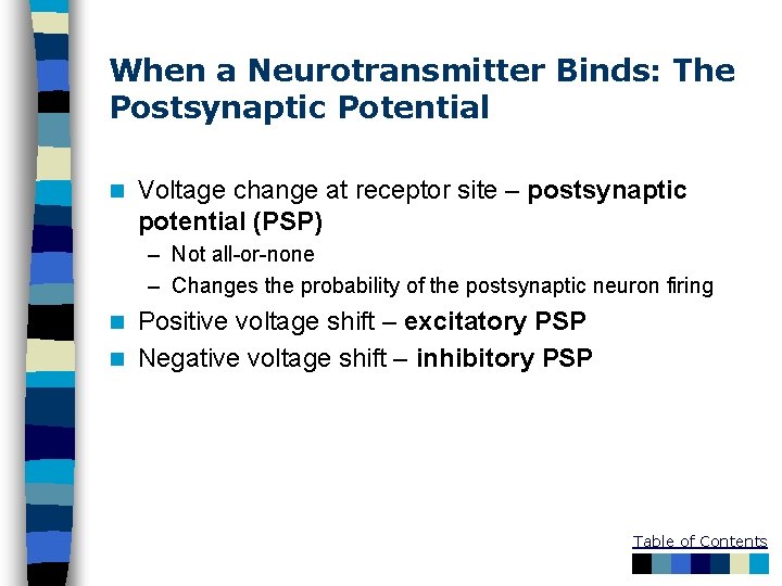 When a Neurotransmitter Binds: The Postsynaptic Potential n Voltage change at receptor site –