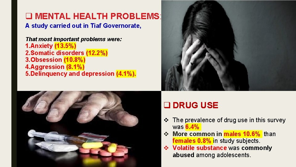 q MENTAL HEALTH PROBLEMS: A study carried out in Tiaf Governorate, That most important